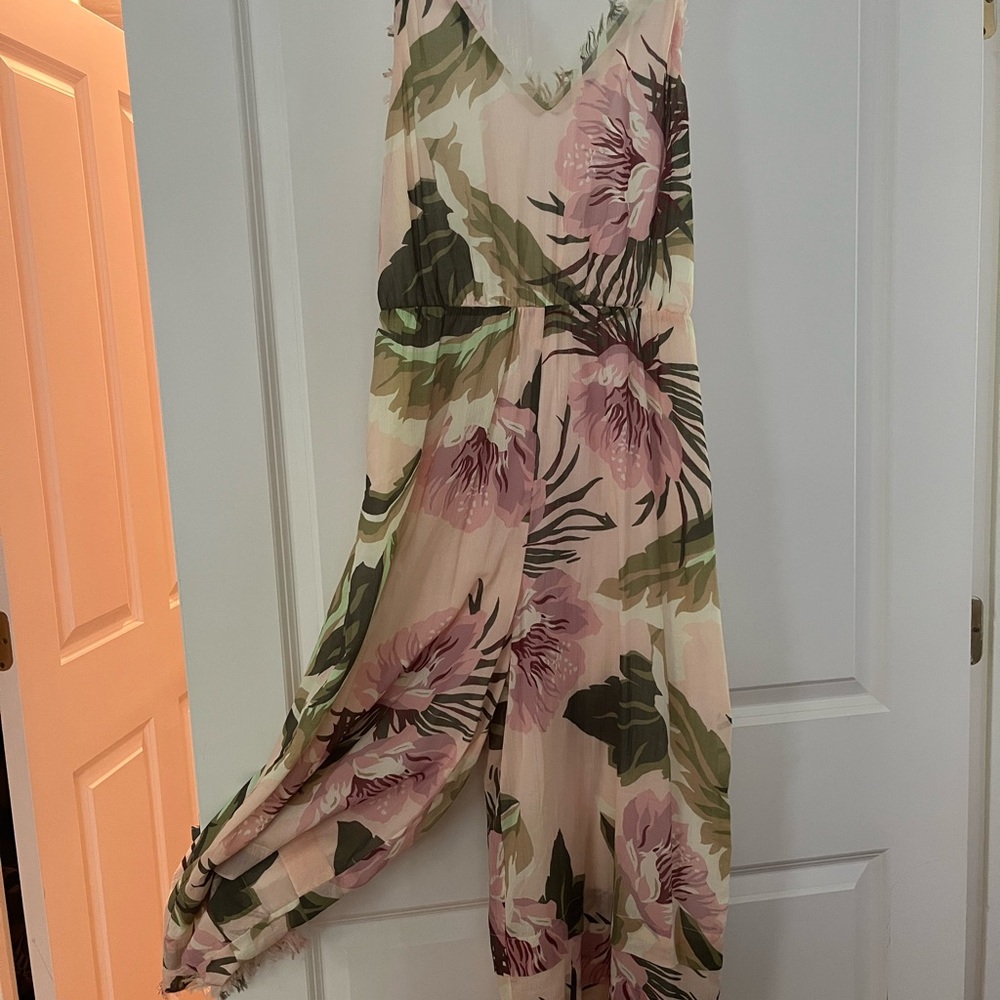 Anthropologie Floral Wide Leg Jumpsuit - Pink and Green